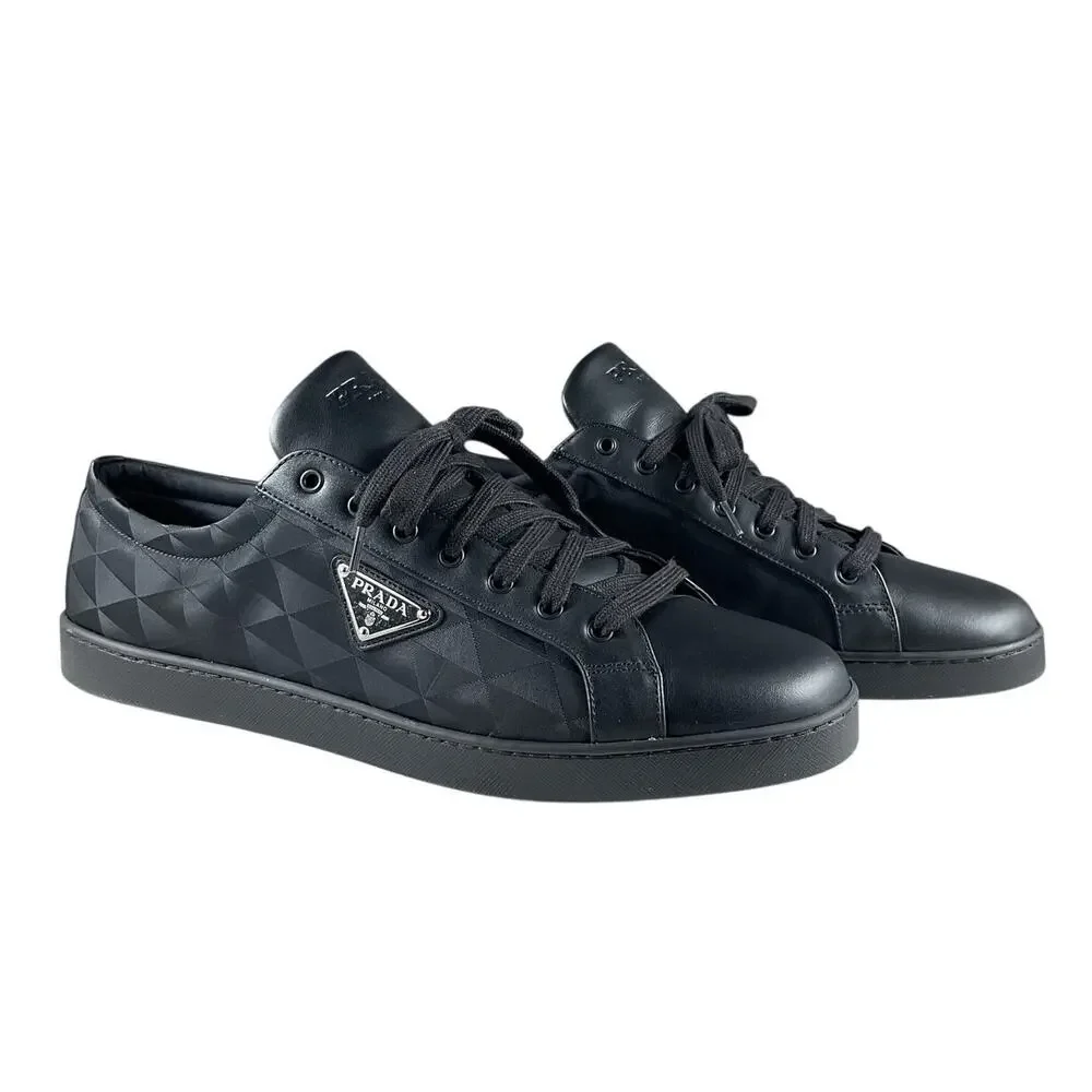 Prada Black Nylon & Leather Low Top Sneakers Size 12.5 - Picture 2 of 9